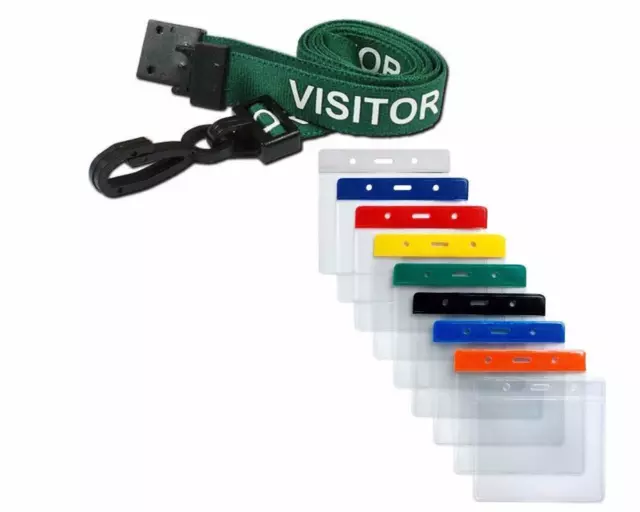 VISITOR Lanyard Green Neck Strap & Coloured Flexible Wallet ID Card Pass Holder