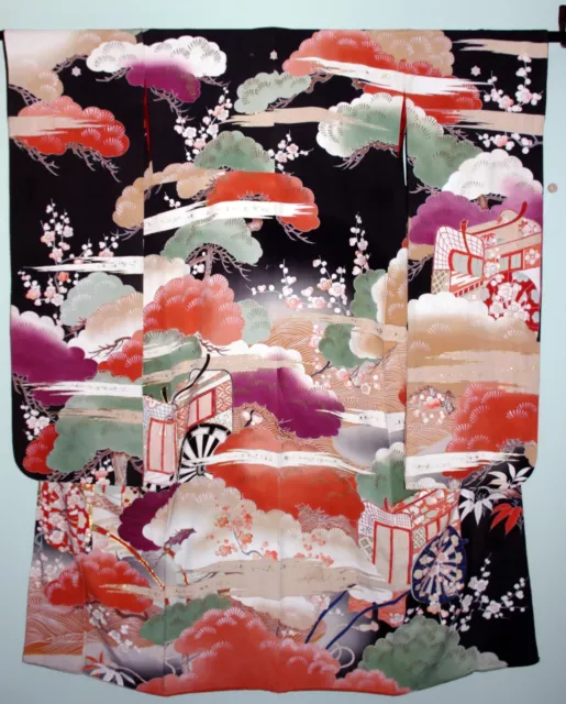 Dramatic Antique Vintage Japanese Kuro Furisode Kimono Hikifurisode Taisho Showa