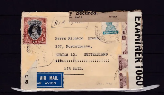 Indien Luftpost-Brief von Karachi nach Zürich/Schweiz, ZENSUR 1945 #1049032