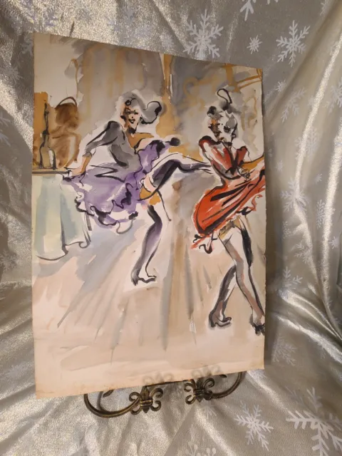 Vintage Impressionist Risque Parlor Dancers Watercolor on Board 1950's