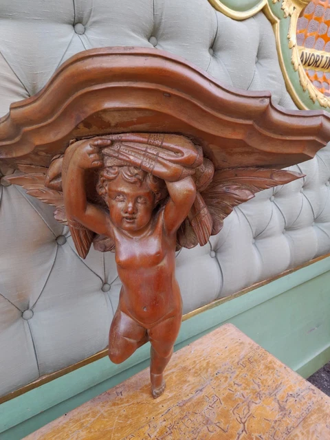 Mensola Ad Angolo Con Putto Scolpito - Consolina - Noce Massello - 1920 Emilia