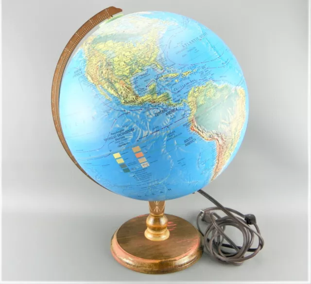 Vintage Industrial World Globe Raised Map Hardwood Base Plug In Lamp Made In USA