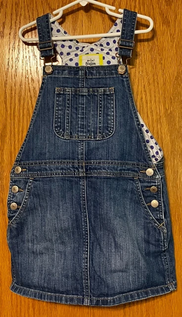Mini Boden Girls Blue Denim Overall Skirt Dress Dots Heart Pockets 7-8 Years