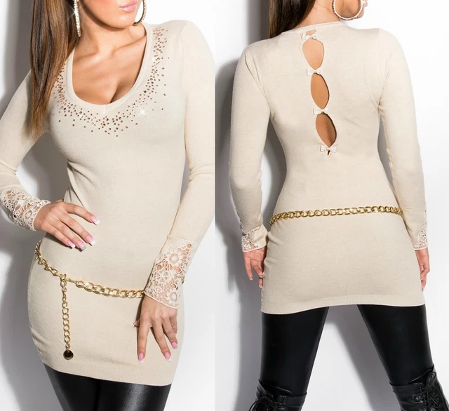 Sexy Miss Donna V Pullover Lungo Pullover Strass Maglia Mini Abito