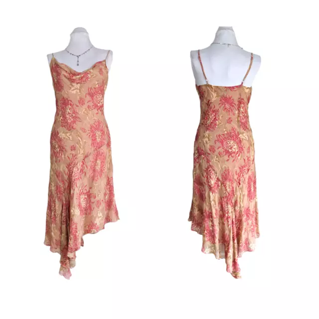 Vintage Midi Dress Silk Fairy Floral Y2K Wedding Guest Sunflower Brown Pink 10