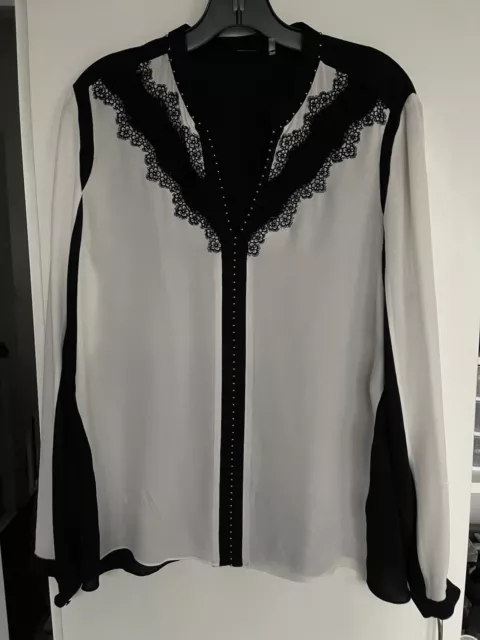 TAHARI Elie  White / Black SILK CHIFFON Long Sleeves   BLOUSE TOP Size L  Rare