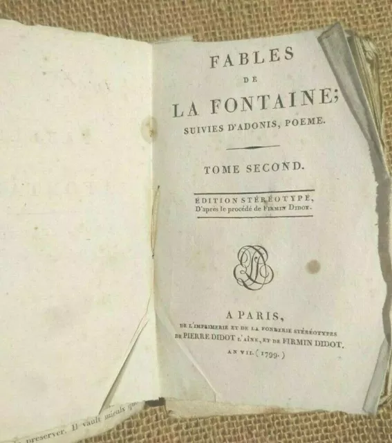 1799, LITTERATURE: Fables de LA FONTAINE, suivies d'ADONIS, poëme - 6566