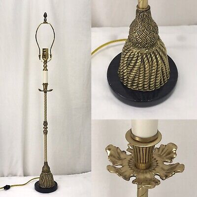 Vtg Brass Tall Buffet Lamp, Marble Base, Ornate Empire French Victorian Art Deco