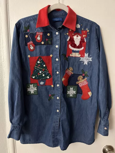 Vintage Karen Scott Denim button down Christmas shirt Ugly Size Small