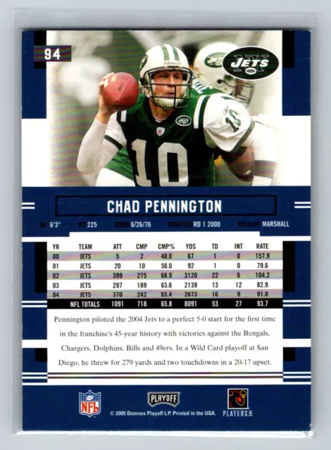 2005 Playoff Prestige #94 Chad Pennington New York Jets Football Card 2