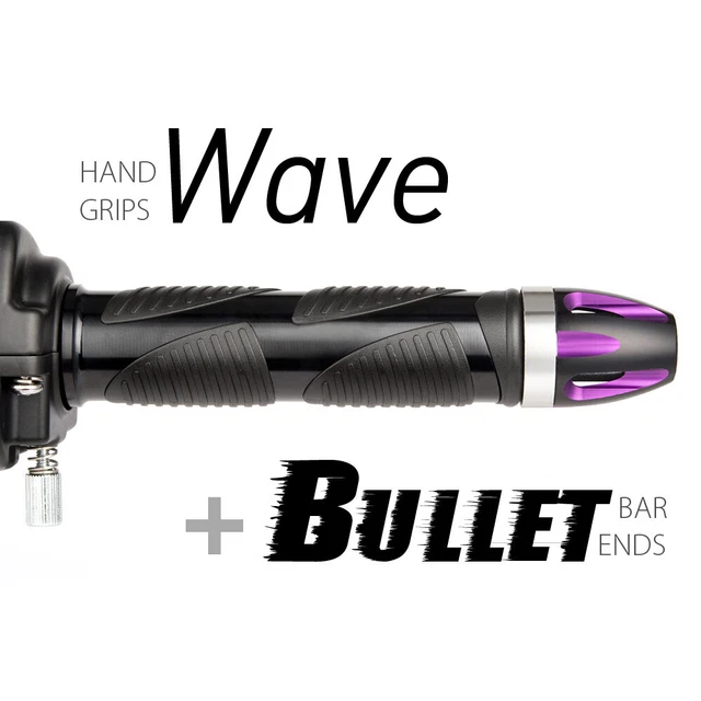 KiWAV Motorcycle Wave Grips Black with Bullet Bar Ends Purple/Silver