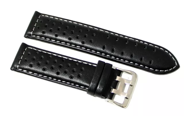 Cinturino orologio vera pelle nero cuciture bianche fori passanti 20mm 380