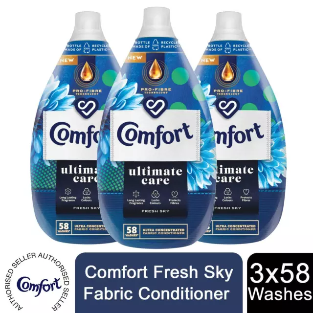 3x of 870ml Comfort Ultimate Care Fresh Sky Concentrated Fabric Conditioner 58W