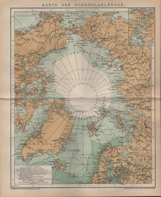 Landkarte map 1894: KARTE DER NORD-POLARLÄNDER. Alaska Russisches Reich Grönland