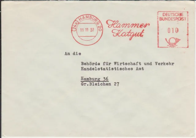 Firmenbrief mit Freistempel / AFS Hamburg 20 Eppendorf, Hammer Katgut, 1957