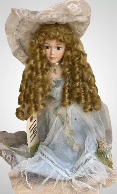 Victorian Vintage Cathay Collection Porcelain Doll Blond Curly Hair Blue Lace