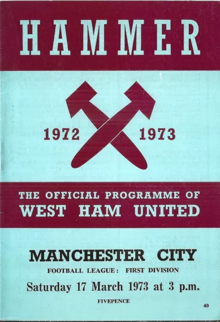 Football Programme WEST HAM UNITED v MANCHESTER CITY Mar 1973