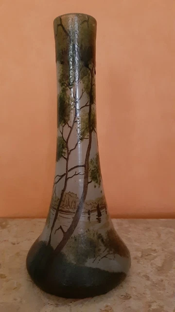 Vase En Verre Peint Main Vintage 60/70 - Décor Floral, Patiné, 23,2 Cm, France