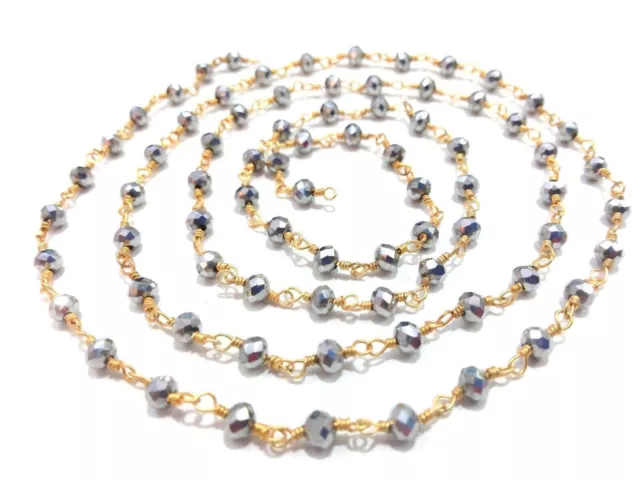 5 Feet Silver Coated Quartz Rondelle Faceted 3-4mm Beads Rosary Chain Gold Wire