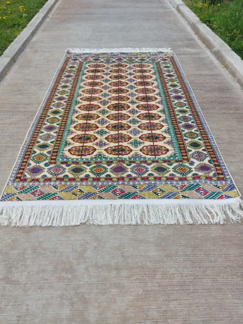 3'10"x6'5" ft Nuovo tappeto in seta Bukhara Turkmen Tekke Beige tessuto a...