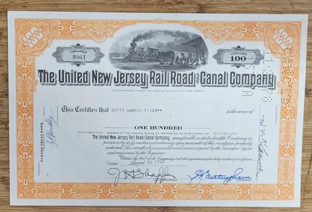 Stock Certificate United New Jersey Railroad and Canal Company 100 Shares Orange