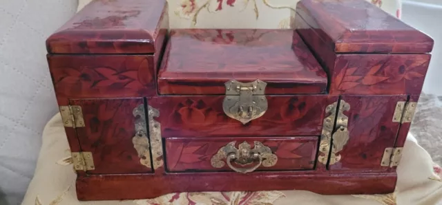 Rare 3 Tiered Red Laquered Jewellery Box With Brass Fixtures