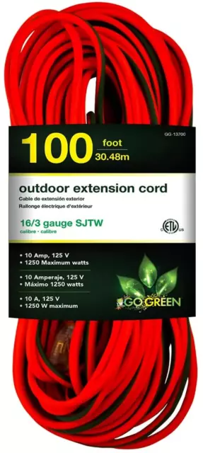 Perfpower Go Green 16/3 SJTW Outdoor Extension Cord, 100-Feet, Lighted Ends