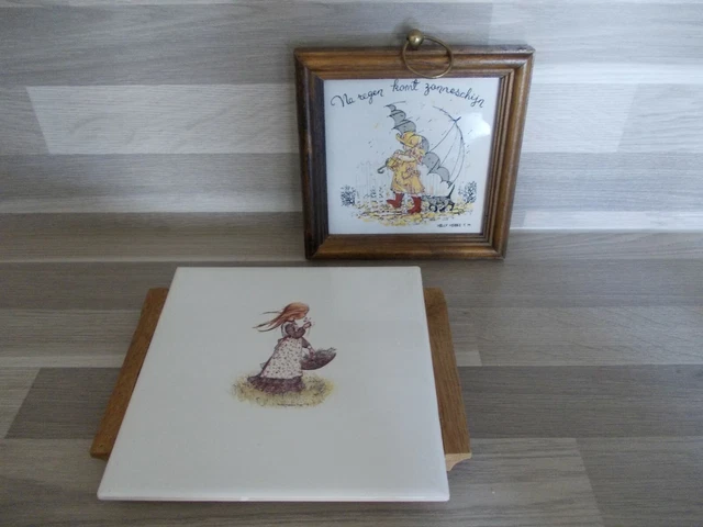 Fliese 70er Holly Hobbie in Holz Rahmen + 1 Fliese Untersetzer mit Holz Henkel
