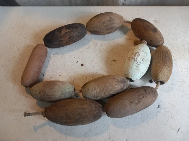 Vtg CEDAR Wood ? Fishing Net FLOATS 5" to 6" Long Lot of 9 W/ Rope Approx 5 1/2'