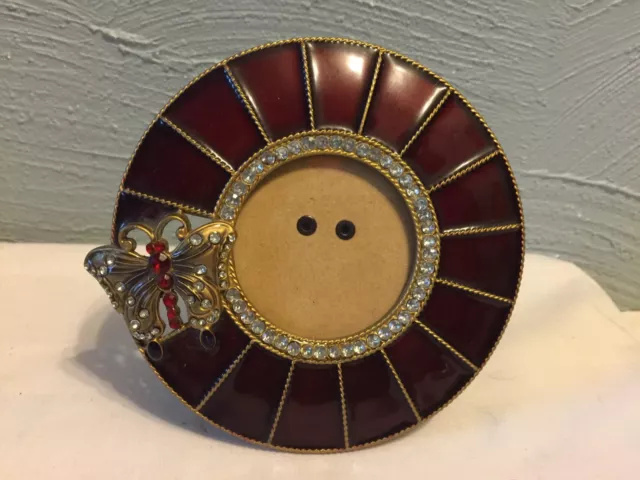 Gorgeous Vintage Style BUTTERFLY BURGUNDY ENAMEL PICTURE FRAME w/ RHINESTONES