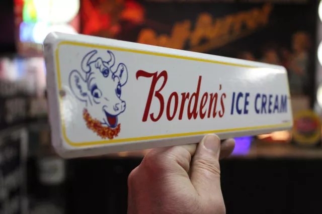 RARE 1950s BORDEN'S ICE CREAM ELSIE COW STAMPED PAINTED METAL SIGN MILK DAIRY