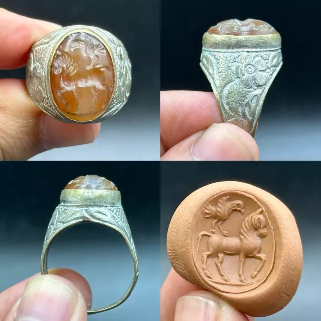 Very Rare Ancient Roman Bronze ring With Agate Stone Bird On Horse Intaglio