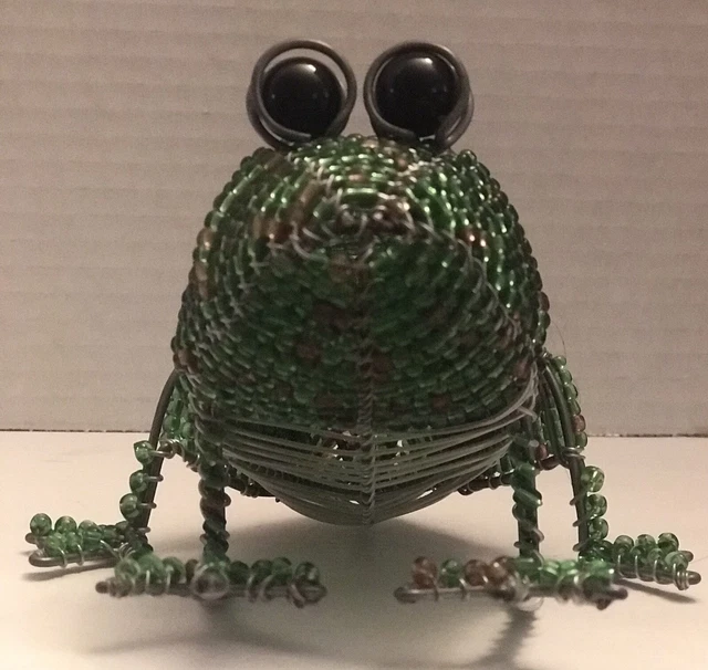 Grassroots Glass Beads Frog Figurine Wire Sculpture Art. Hand Made. Unique!