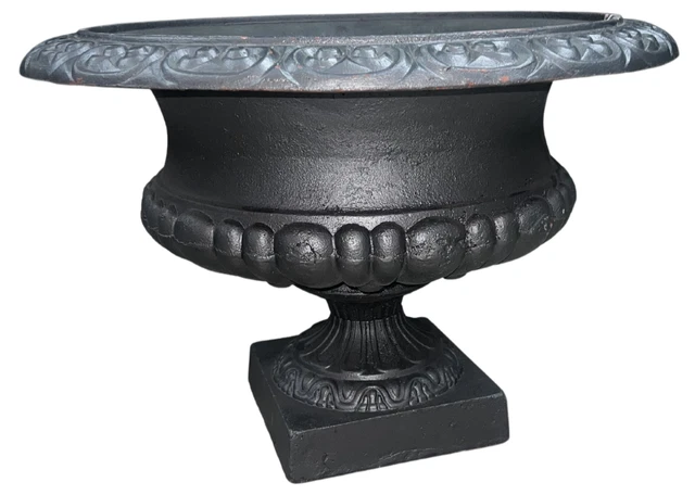 ANTIQUE CAST IRON Planter Vintage Garden Urn Black 16" Tall Heavy