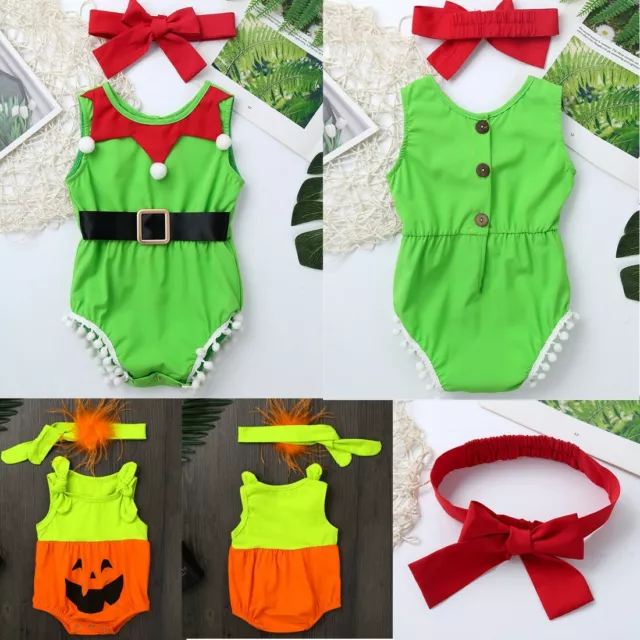 Newborn Baby Girls Romper Christmas Costume Back Button Jumpsuit Headband Outfit