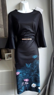 TED BAKER Dark Blue "AZANIA" Wonderland Fluted Sleeve Body Con Dress Sz4 14 NEW