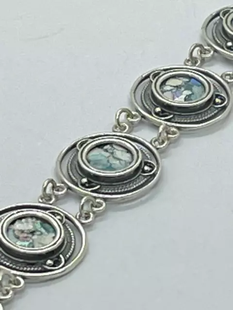 Beautiful Round Links 925 Sterling Silver Ancient Roman Glass Bracelet 8''