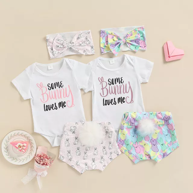 Newborn Baby Girl Easter Outfits Letter Print Bodysuit+Shorts+Headband 3Pcs Set