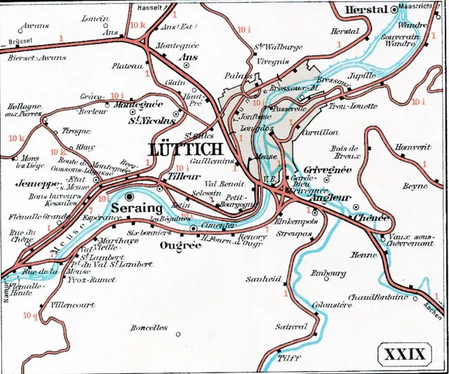 BE Liège 1909 orig. pt. carte atlas chemin de fer Seraing Herstal Jemeppe Ougrée