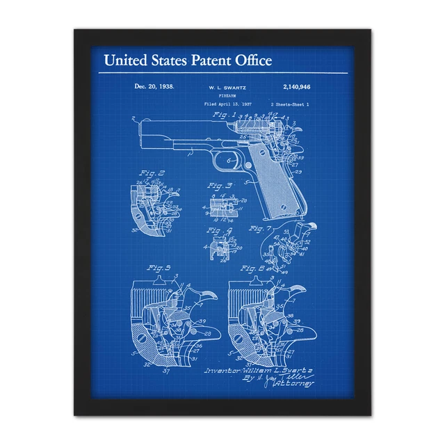 SWARTZ COLT FIREARM Gun Pistol Internal 1938 Patent Framed Wall Art