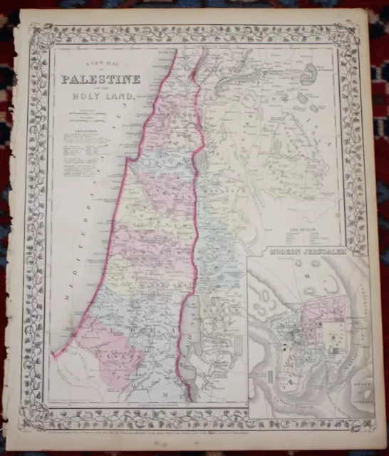 Palestine Rare Original Antique 1870 Mitchell's Atlas Map