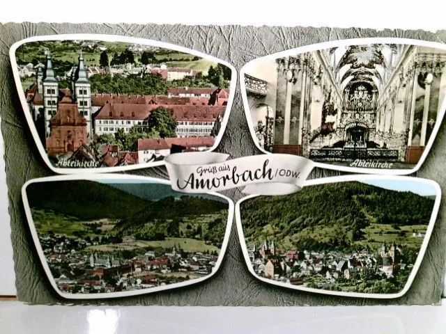 Amorbach im Odenwald. Alte Mehrbild AK farbig. Abteikirche Innenansicht und Gebä