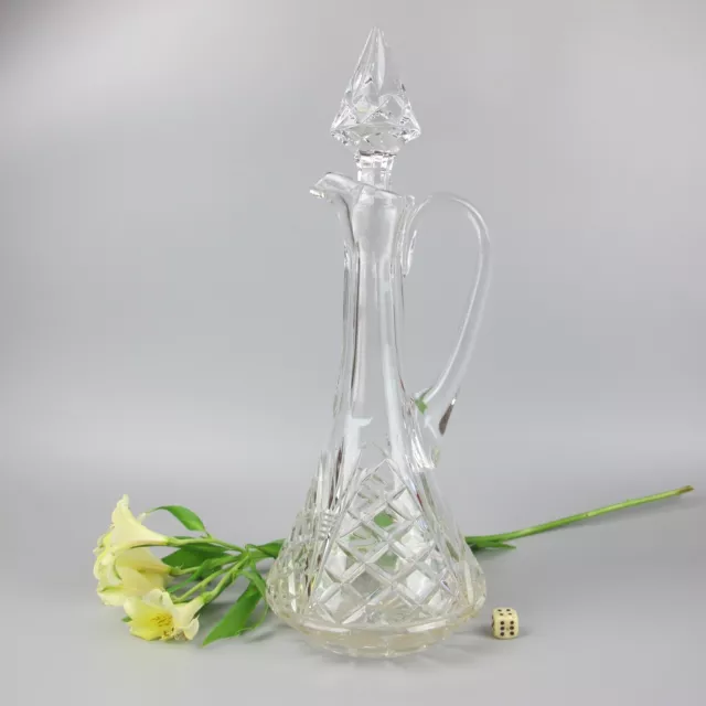 Cut Crystal Carafe Decanter Wine Pitcher w/Handle. Heavy vintage glass. Large.