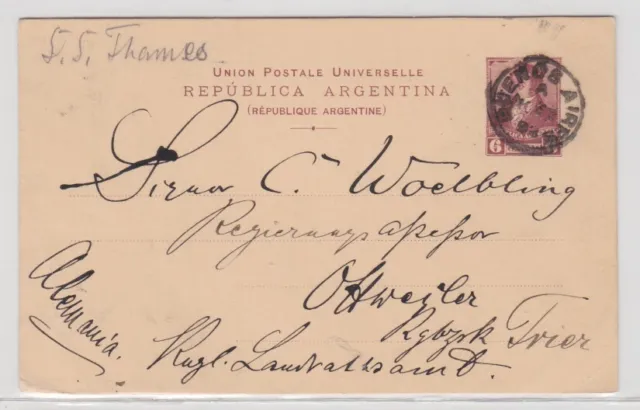 37302 seltene Ganzsachen Postkarte Argentinien 6 Centavos nach Ottweiler 1892