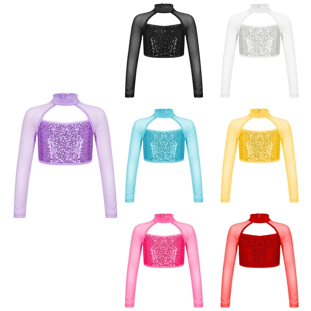 US Kids Girls Shiny Hip Hop Jazz Dance Crop Tops Mesh Stage Performance Costume