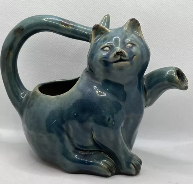 Cat Kitten Pitcher Green Distressed  Majolica Pottery Excellent Condition UNIQUE