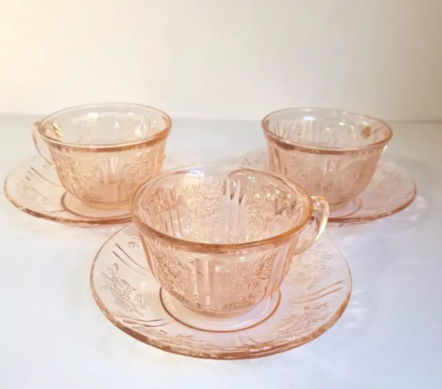 Federal Glass Sharon Cabbage Rose Pink Cup & Saucer Set Of 3