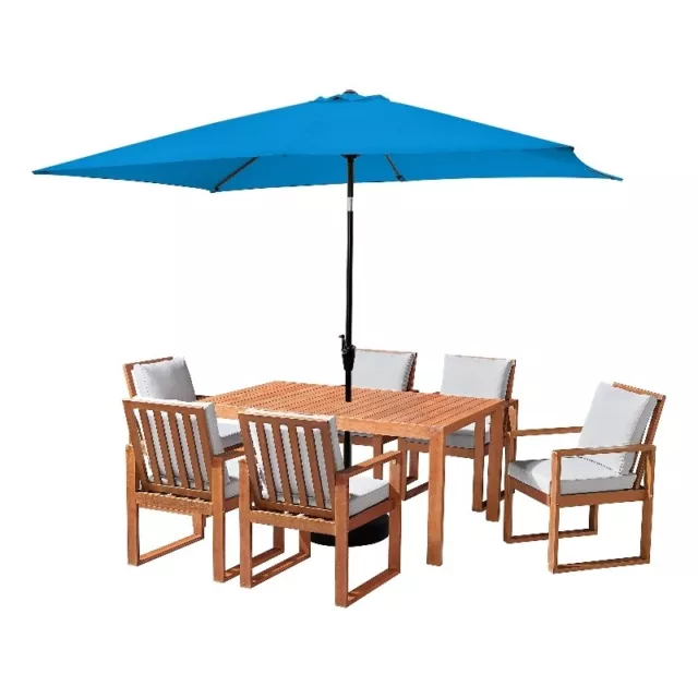 Weston Natural Wood Table with 6 Chairs 10-Foot Rectangular Umbrella Bright Blue