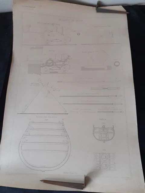 plan ARTILLERIE de MARINE - AFFUT CANON ET MORTIER  - école polytechnique 1853