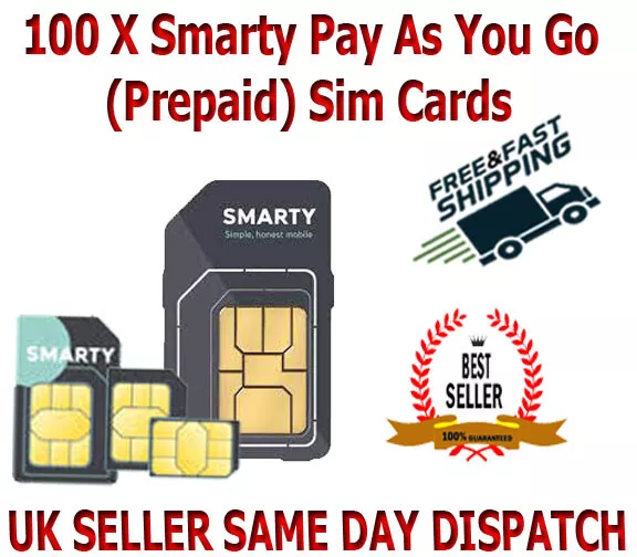 100 X Smarty Pay As You Go (Prepaid) Sim Cards UK New Bulk Wholesale Joblot